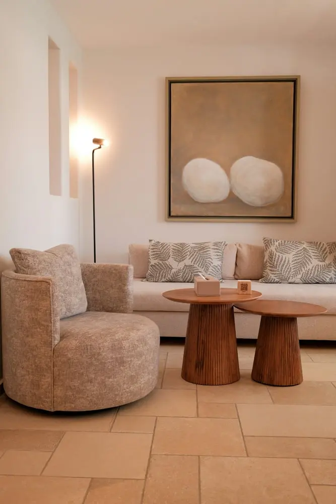 living room with beige furniture