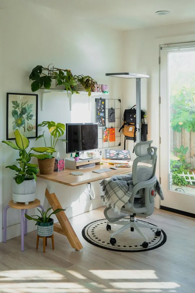 home office workspace with potted plants