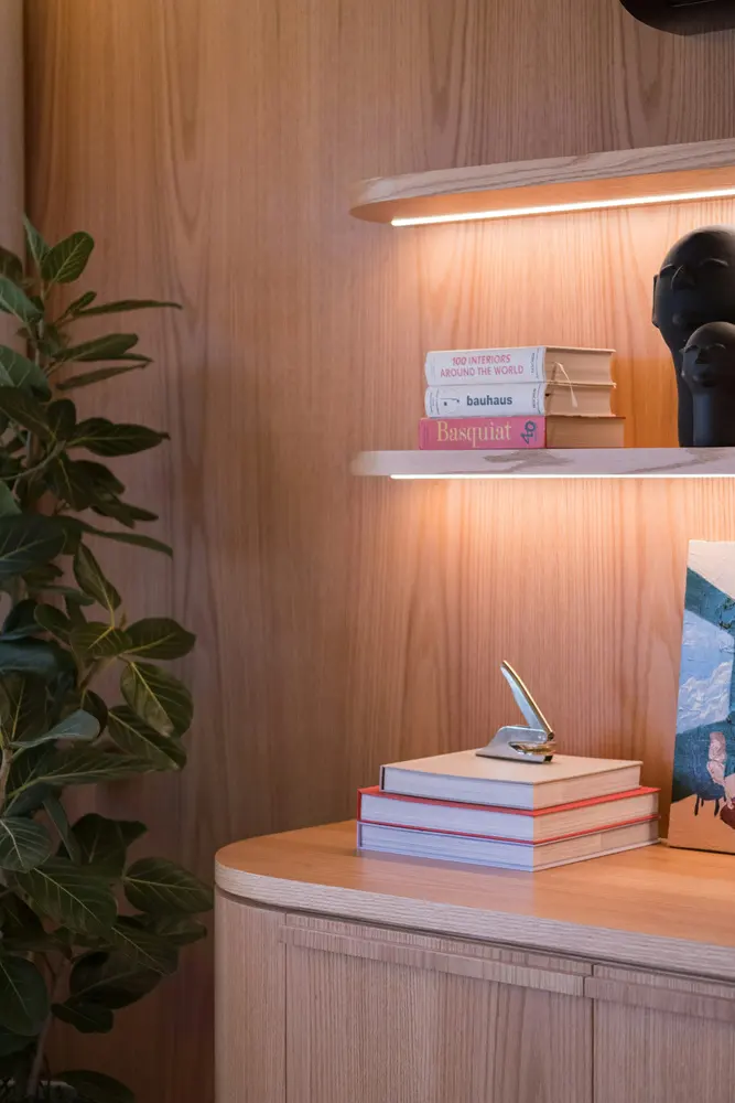 wooden shelves with books and decorative heads