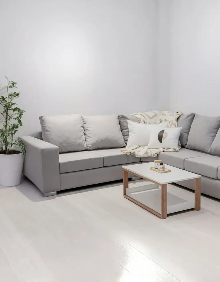 a modern living room with a gray sectional sofa