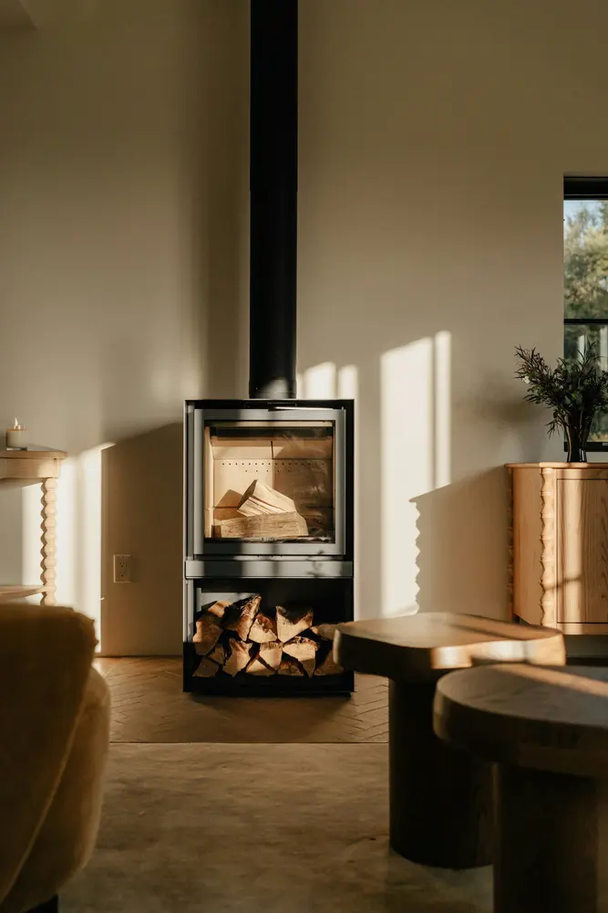 a wood burning stove in a living room