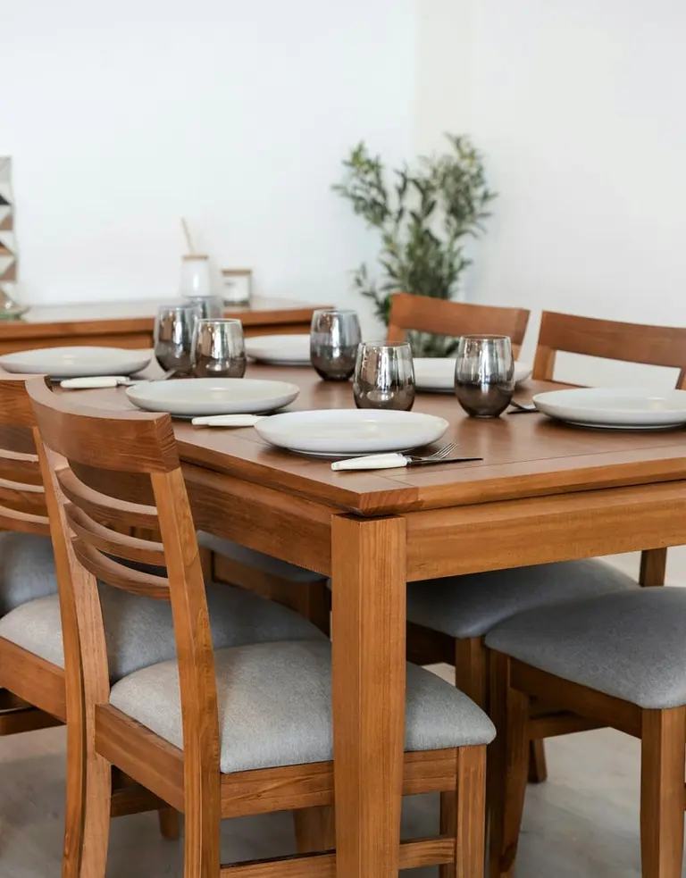 wooden dining table set with grey chairs and place settings